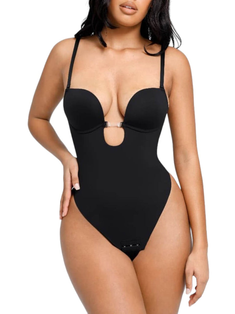 Sculpting Plunge Low Back Thong Shapewear Bodysuit - Black