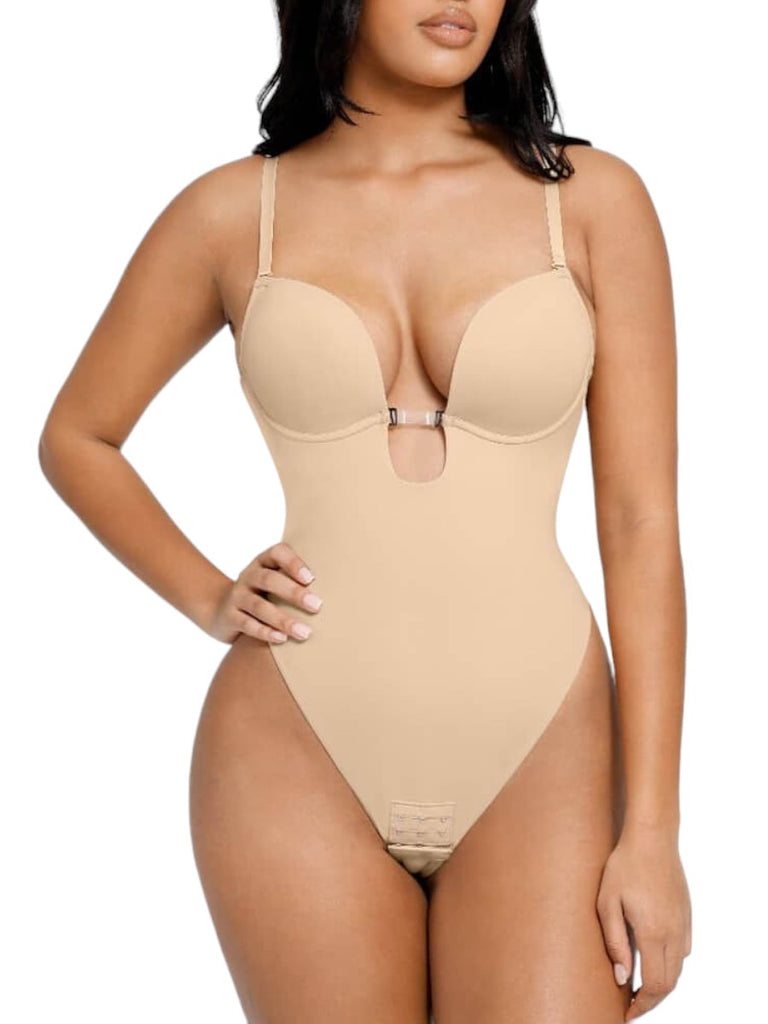 Sculpting Plunge Low Back Thong Shapewear Bodysuit - Nude